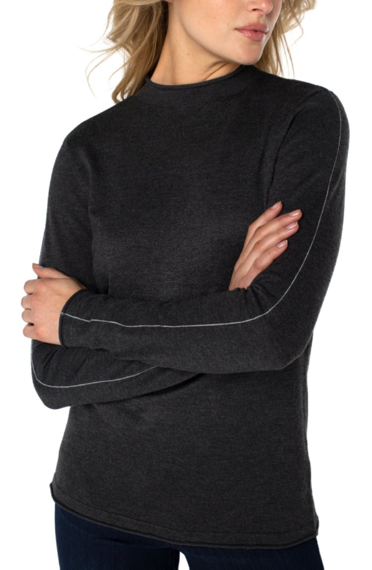 Mock Neck Sweater w Stripe - Charcoal
