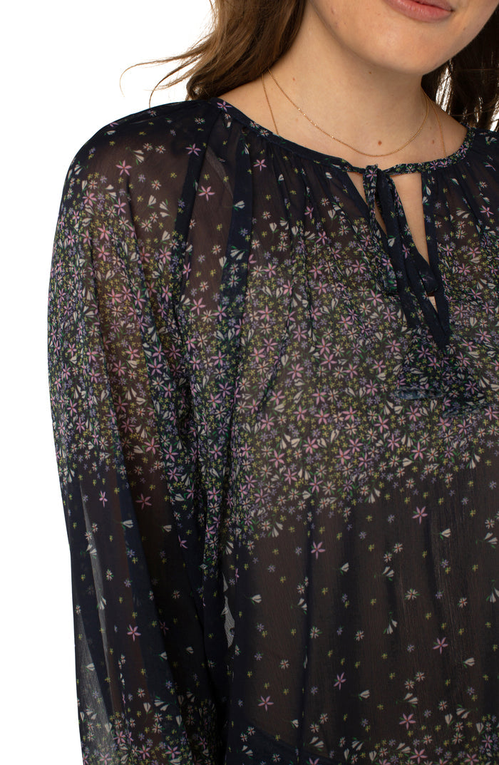 Shirred Blouse With Neck Ties - Midnight Garden